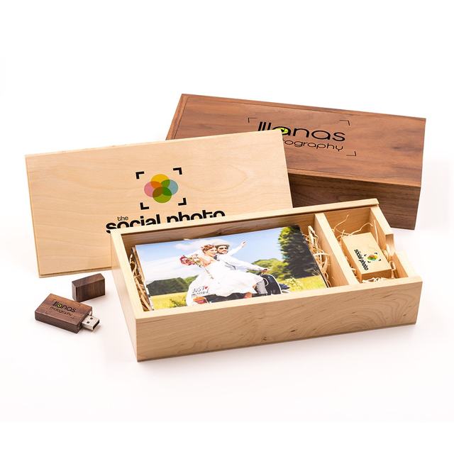 OEM 4*6inch 10X15CM Wedding Gift Packaging Photo Printing Wooden USB Flash Drive Album Wooden Photo Box