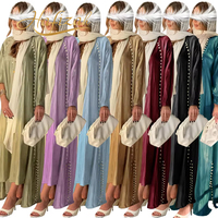 Hafizah 2026 Dubai Set Abaya Muslim 2 Potong Mewah Berhias Mutiara Warna-warni Model Kimono
