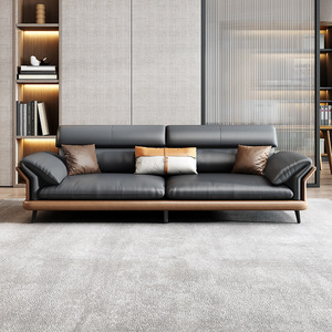 Canapé deux places <span class=keywords><strong>en</strong></span> <span class=keywords><strong>cuir</strong></span> de style Mid-Century, design color block noir et marron, pieds <span class=keywords><strong>en</strong></span> bois robustes, sectionnel, <span class=keywords><strong>pour</strong></span> villa et mobilier de maison - Product Image 1