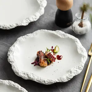 Customized Nordic Ceramic Plate Irregular Stone Pattern Edge Platter Dessert Serving Dishes White Dinner Plates