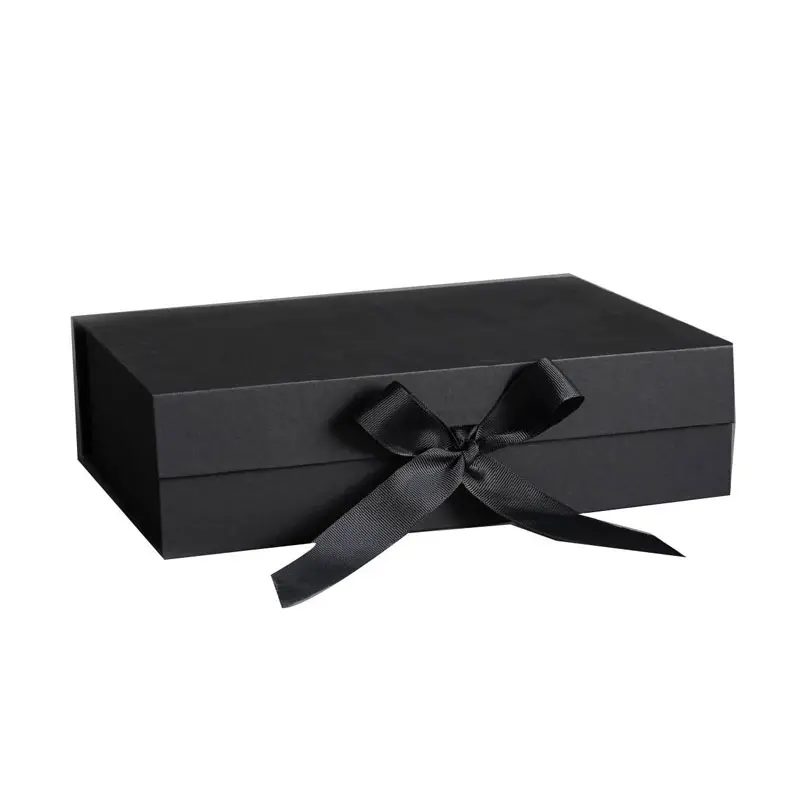 صندوق هدايا مصنوع من الورق المقوى الأسود, صندوق هدايا مصنوع من الورق المقوى باللون الأسود وقابل للطي ومتوفر بشريط