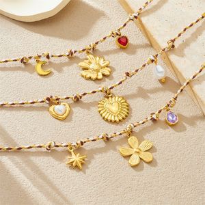 Fashion Charm Bracelet Zinc Alloy Gold Plated Flower Star Moon Bezel Setting Bohemian Style DIY Knotted Rope Jewelry Gift - Product Image 1