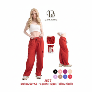 Pantaloni Cargo da Donna Dolado in Tela 100% Poliestere Vestibilità Ampia Lunghezza Intera Vita Media con Coulisse Tinta Unita Casual Estivi - Product Image 1