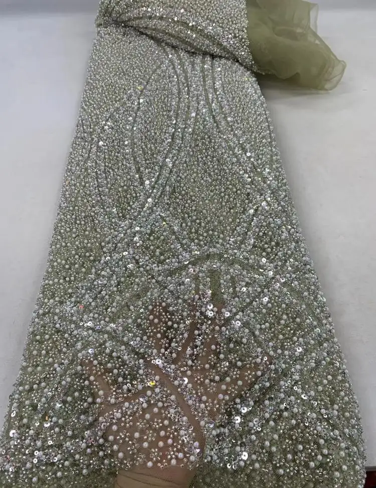 Tela de encaje de red HFX 2024 de alta calidad oro Dubai nupcial lujo mano cuentas de cristal para vestidos de novia francés lentejuelas tul rojo