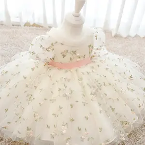 2023 Wholesale First Birthday Party Wear Short Sleeve Spring Summer Lace Bow Baby Princess Dress Infant Baby Girl Dress