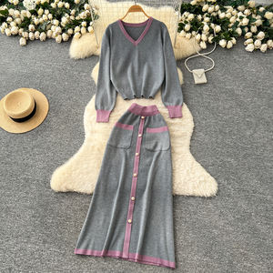 ชุดถักแบบหลวมสำหรับผู้หญิงชุด2ชิ้นกระโปรงกระดุมแถวเดียวคอวี - Product Image 2