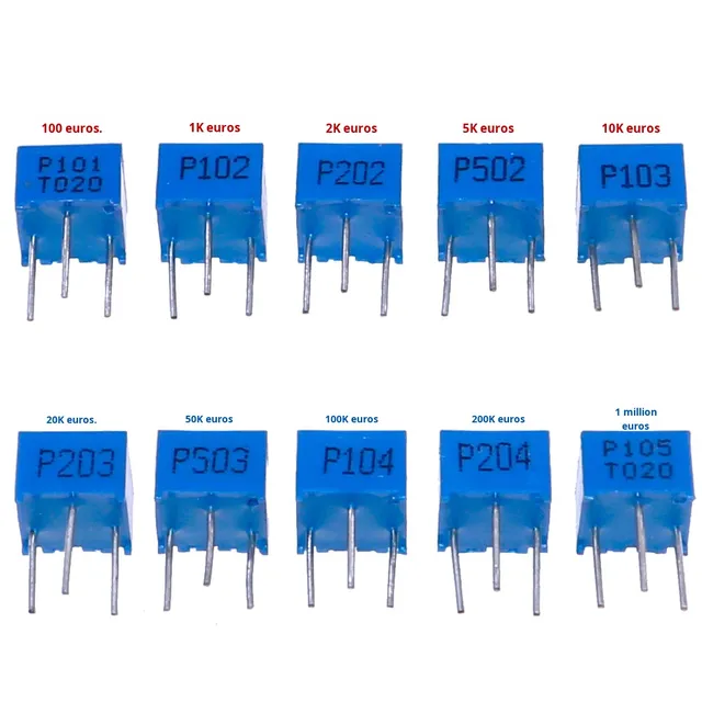 Adjustable 3362P Trimmer Potentiometers 100 Ohms/1K/2K/5K/10K/20K/50K/100K/1M 10 Types 3-Pin Resistors