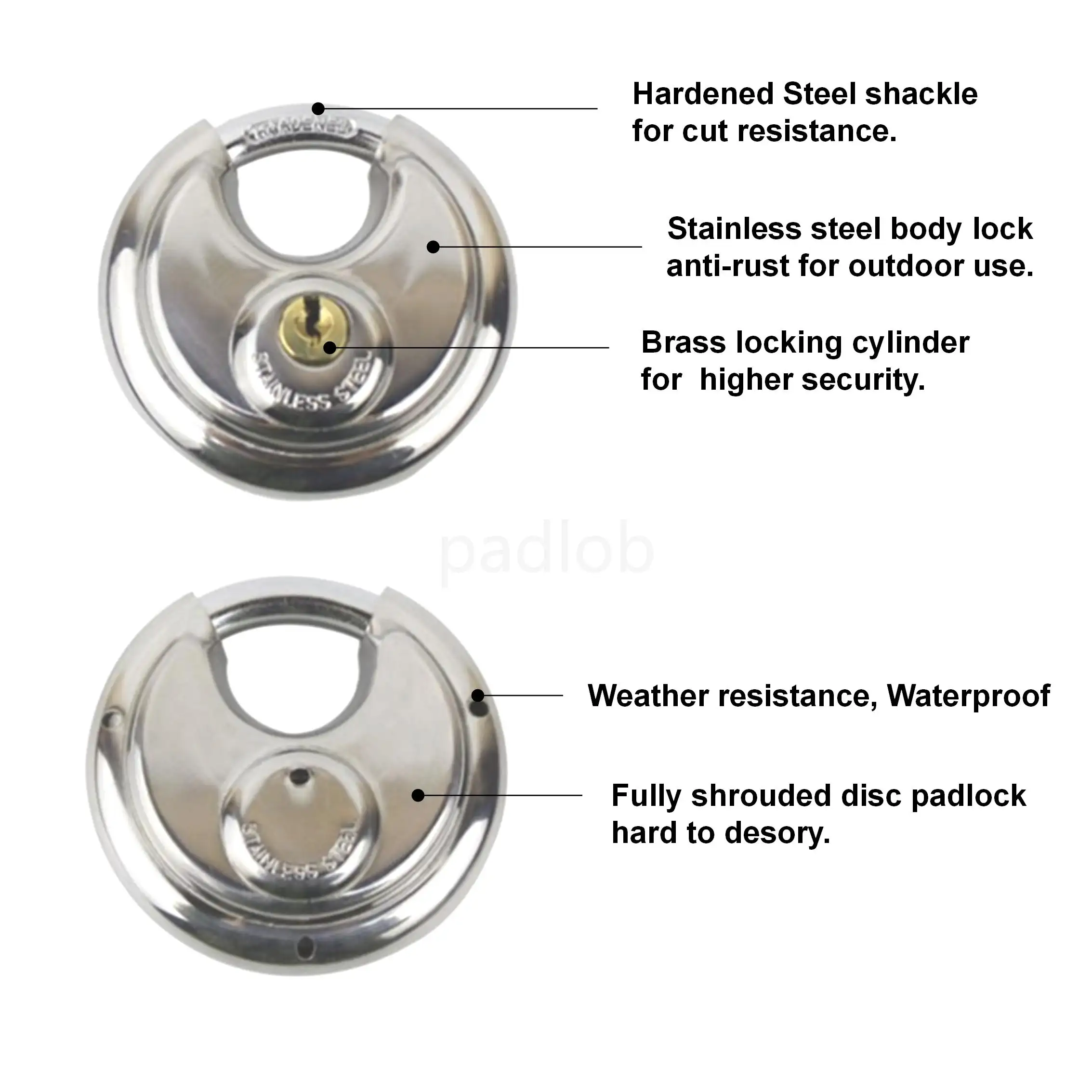 EUA impermeável auto armazenamento porta de aço inoxidável bloqueio do disco 70mm uncuttable disco logotipo personalizado cadeados com chaves