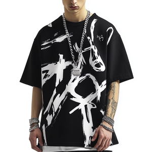 Promotion Exceptionnelle : T-Shirt <span class=keywords><strong>Noir</strong></span> Homme Oversize Imprimé Encre Abstraite Blanche, Confortable et Décontracté, Style Streetwear, Manches Courtes - Product Image 5
