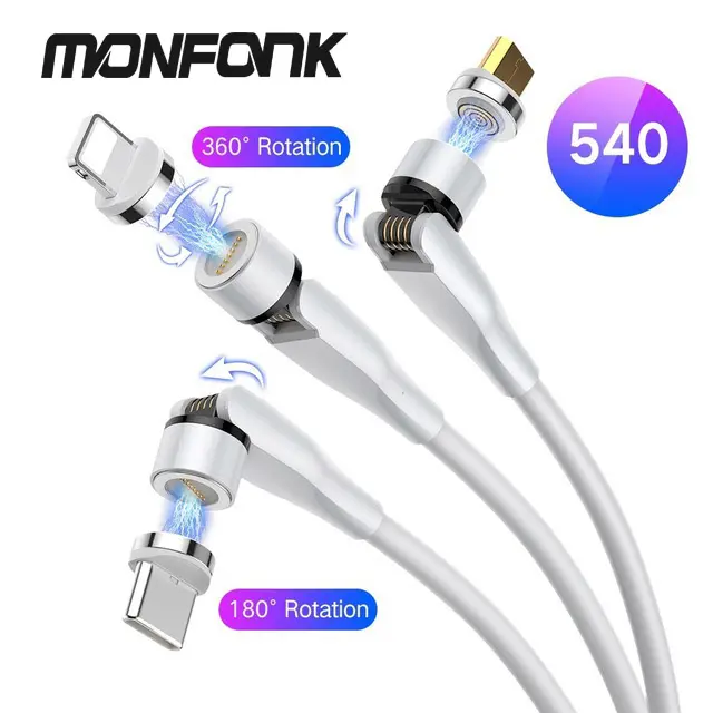MONFONK Magnetic Charging Cable 540 degree Magnetic Cable 3A Fast Charging Data Cable For iPhone Micro Type C