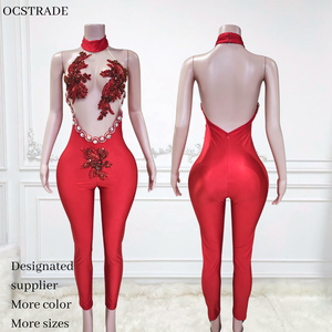 Combinaison moulante sexy pour femme Ocstrade, faite à la main, avec appliques 3D rouges, dos nu, pour soirée, grande taille - Product Image 1