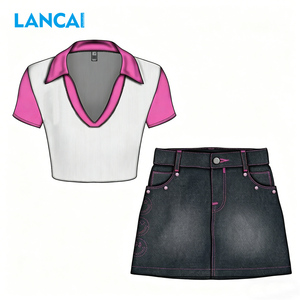 LANCAI Women's 2 Piece Outfit Colorblock Polo V-Neck Crop Top + Pink Stitched Denim Mini Skirt <b>Set</b> Casual Y2K Streetwear Matchin - Product Image 1