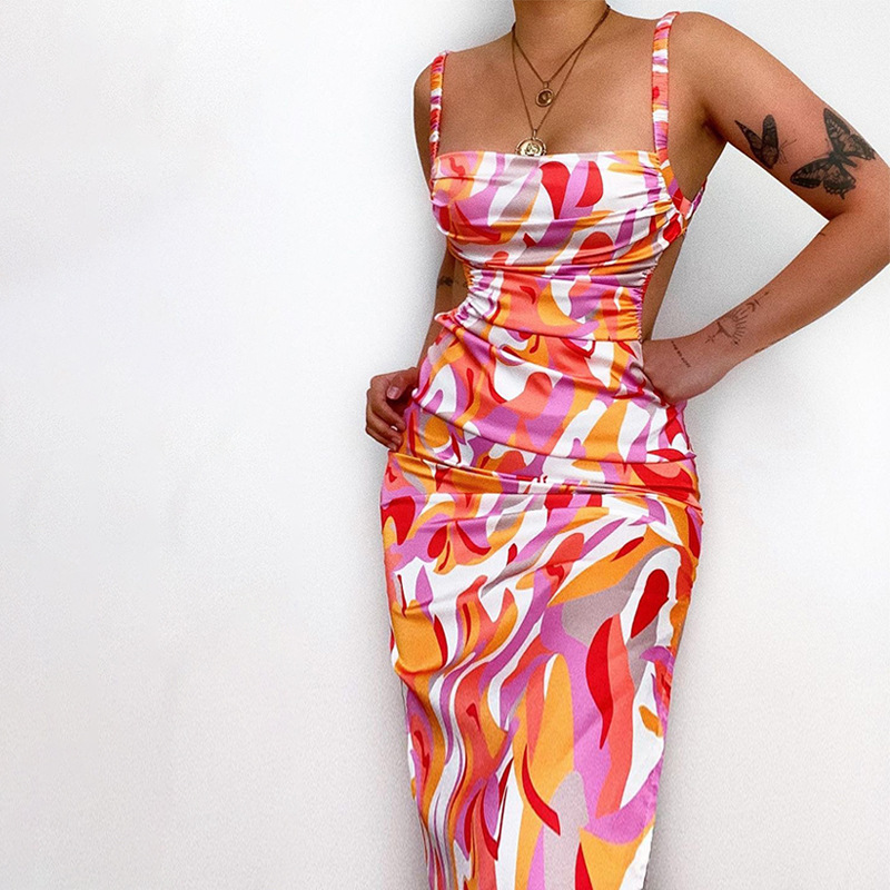 Tie Dye Print Women Strap Midi Dress Lace up Side Slit Backless Bodycon  Sexy Party Elegant Club Outfits Festival Vintage