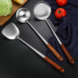 <strong>New</strong> Durable 304 Stainless Steel <strong>Kitchen</strong> Utensil <strong>Set</strong> with Wok Spatula and Wooden Handle - Product Image 2