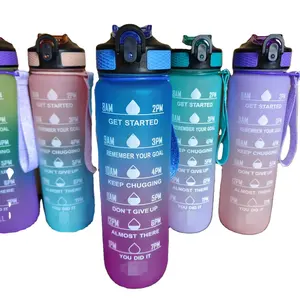 Hot Sale 32 oz 1000ml Plastic Sports Water Bottle with Time Marker, Carry Strap, Leak-Proof BPA Free