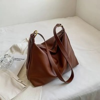 Tas Tote Kulit PU Lembut Wanita Model Sederhana Selempang Santai Kapasitas Besar Warna Polos Grosir