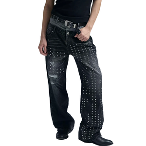 Wholesale Custom Double Waistband Ripped Denim Jeans Rhinestone <b>Rivet</b> Embellished Flare Jeans Distressed Vintage Denim Trousers - Product Image 2