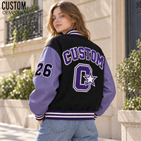 Blousons Bomber Varsity Femme Colorblock Broderie Appliquée Patchwork Coutures Décoratives Boutons Pression Poignets et Ourlets Côtelés Streetwear