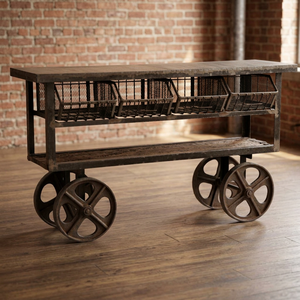 Antique Design Industrial Metal Heavy Duty Service Trolley <b>Table</b> with Basket & Wheels for Home <b>Bar</b> Use - Product Image 2