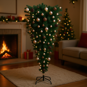 Sapin de Noël artificiel inversé pré-éclairé de 150 cm avec boules décoratives et lumières LED chaudes, pour décoration intérieure sur pied - Product Image 2