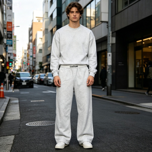 Men's Wide Leg Sweatpants Elastic Waist Casual Gray Autumn Style Pants 100% Cotton Breathable Fabric - Product Image 1