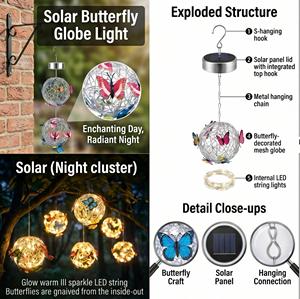 Lanterne Solaire Suspendue en Forme de Papillon, Boule Lumineuse en Maille Plastique avec Fil de Cuivre LED, Étanche, <span class=keywords><strong>D</strong></span>écorative <span class=keywords><strong>pour</strong></span> Jardin et Arbre - Product Image 2