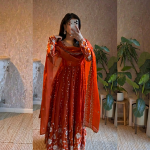 Orange Fandy Silk Anarkali 3 Piece Set Women <b>Top</b> Pant Dupatta Thread Sequence Work Traditional Outfit - Product Image 1