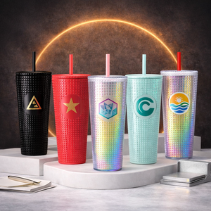 Wholesale Reusable Diamond <b>Drinking</b> <b>Cups</b> Multi Color Tumblers Double Wall <b>Plastic</b> 24oz Studded Grid Tumbler With Straw and Lids - Product Image 1