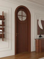 Porte en bois à charnières style médiéval avec placage bois, lignes décoratives, style Mid-Century, double porte avec verre dépoli et lignes croisées