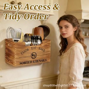 Caja organizadora de cubiertos de madera con divisores, almacenamiento de cocina montado en la pared para cuchillos, tenedores, cucharas, palillos, madera maciza, color retro - Product Image 2