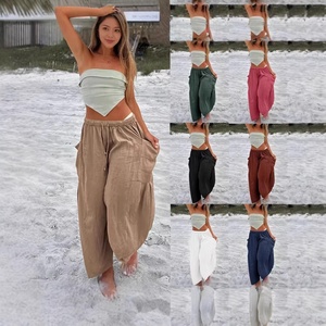 Y2K Wide Leg Pants Women's <strong>Linen</strong> Cotton Blend Elastic High Waist Wide Leg Pants Ruched Ankle Tie Casual <strong>Trousers</strong> - Product Image 1