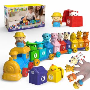 Giocattoli Montessori per l'apprendimento precoce dei bambini, trenino con animali della fattoria, 10 marionette da dito, giocattoli per ordinare, contare e abbinare - Product Image 1