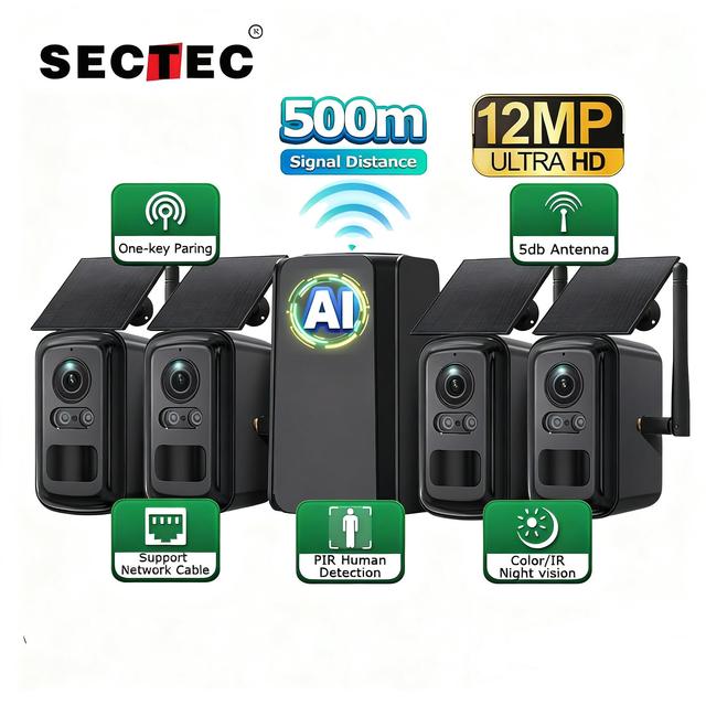 SECTEC New Wifi Repeater 500M Signal Home Hub Combo Kit IP66 Outdoor Solar Battery Infrared Night Vision Security CCTV Camera