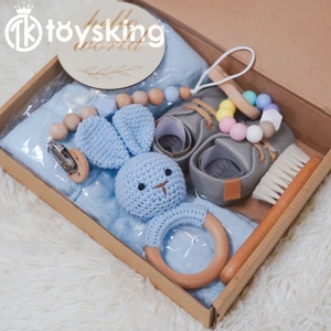 Lüks peluş oyuncak hediye el yapımı mavi <span class=keywords><strong>Bunny</strong></span> dolması hayvan ile organik pamuk aksesuarları içerir çıngırak, diş kaşıyıcı ve hatıra kutusu - Product Image 5