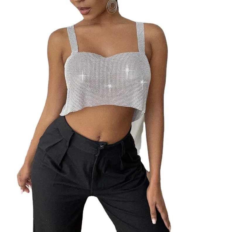 Summer tops women Backless tube piece rhinestone lace-up chain halter sexy club top