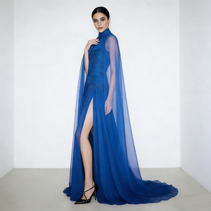 Robes pour femmes <span class=keywords><strong>Bleu</strong></span> royal Col montant Sans manches Cape transparente Plissée Fente haute Ajustée Élégante Formelle Maxi Robes pour femmes - Product Image 3
