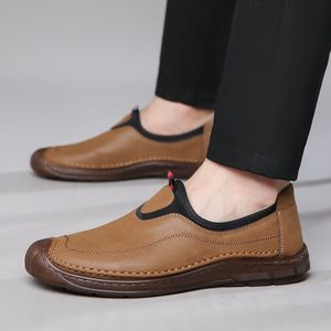 Men's Leather Loafers Round Toe Slip-On Soft <b>Rubber</b> Sole All Seasons Solid Color Casual Shoes - Product Image 4