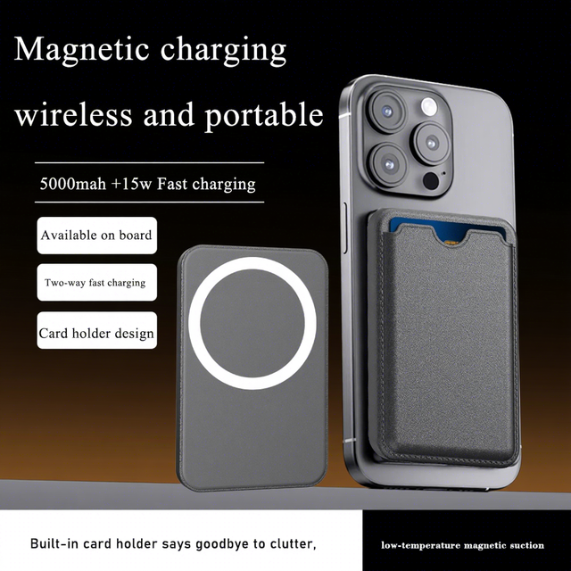 PU Leather Wallet Magnetic Power Bank 5000mAh Wireless Charger Card Holder Portable External Battery for Travel