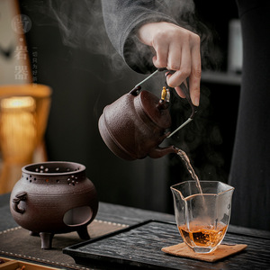 Retro Style Rough Pottery Teapot And Tea Stove <b>Set</b> With Lid Heat Resistant For Home Tea Room Use - Product Image 3