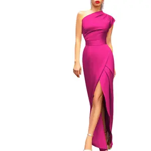 Gaun wanita populer baru 2024 gaun temperamen belahan depan pinggang tinggi bahu tunggal