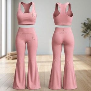 Pink Solid Seamless Yoga Set Women's Sports Bra and <b>Flare</b> <b>Leggings</b> 2-Piece Workout Outfit with Elastic Waist for Custom Logo - Product Image 2
