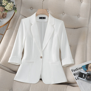 White Women's Blazer 3/4 Sleeve Solid Color Lightweight Breathable Casual Office Wear - Product Image 1