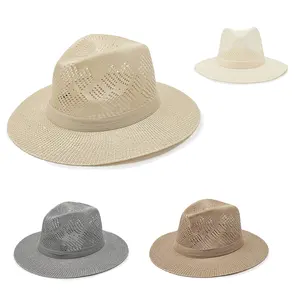 Klasik Retro erkek caz keçe pamuk ilkbahar ve yaz açık geniş ağız Panama düz içi boş fötr şapkalar ayarlanabilir kadın