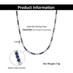 High Quality 925 Sterling Silver 2.0mm Tennis Chain Women's Blue And White Cubic Zirconia Tennis Necklace Jewelry