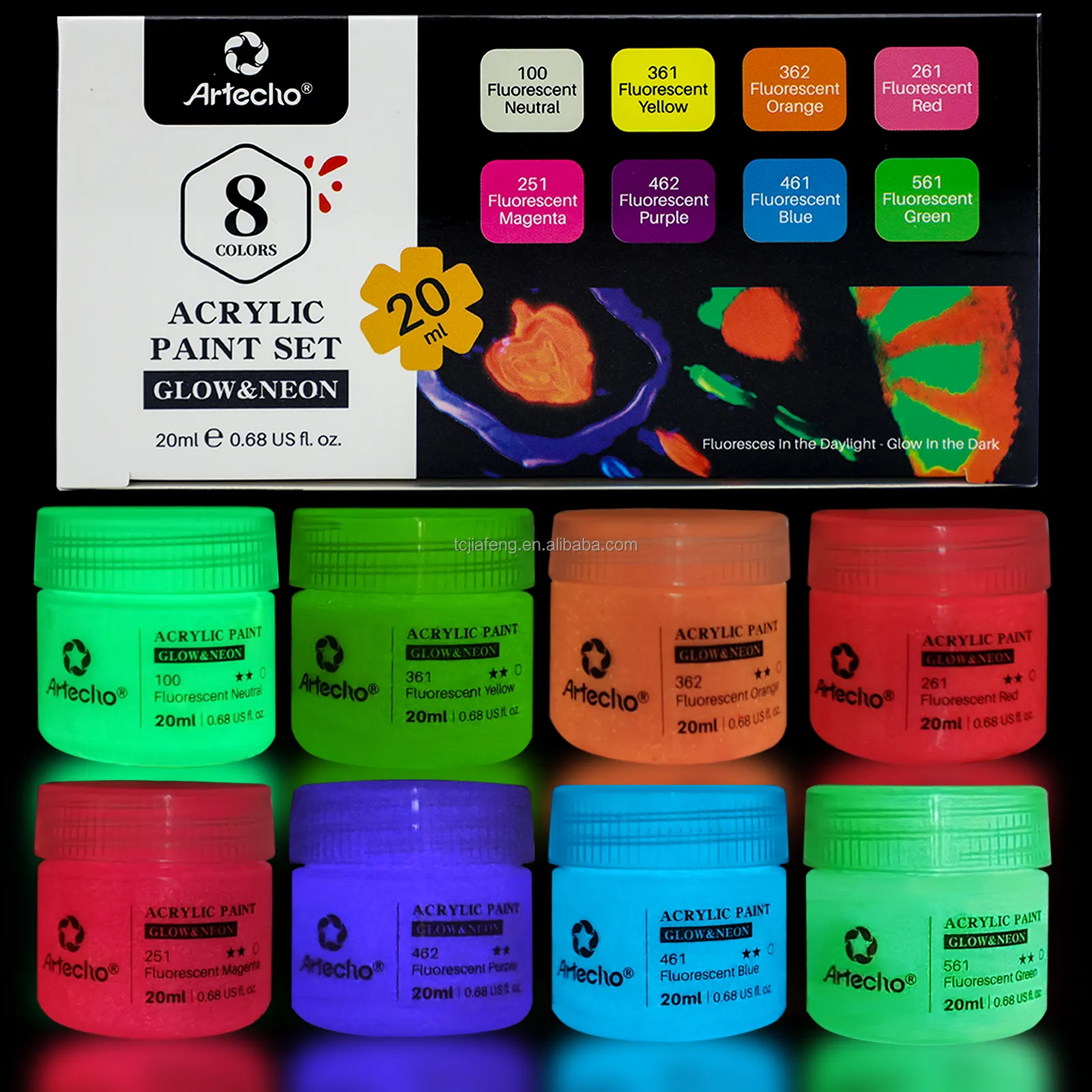 Artecho Nieuwkomers 20mlx8colors Neon Uv Glow In The Dark Acrylverf Set Blacklight Verf Voor Muur Hout Canvas