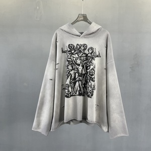 Sweat à capuche personnalisé surdimensionné, épais (450g), style vintage, tendance urbaine, avec découpe irrégulière en forme de T, bordure style <span class=keywords><strong>rap</strong></span> et imprimé style ancien - Product Image 3