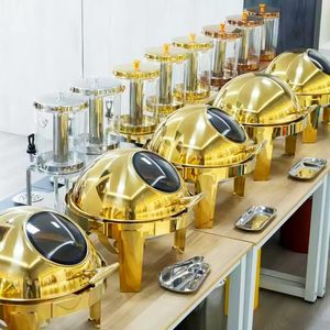 Ensemble de réchauds de buffet de luxe 6 litres avec couvercle roulant, en acier inoxydable, chauffe-plats pour traiteur avec accents dorés - Product Image 1