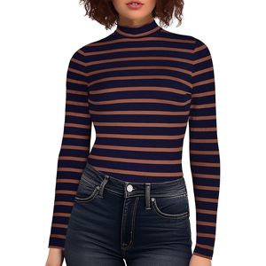 Haut côtelé à col roulé rayé personnalisé pour femme, manches longues, ajusté, col montant, basique, sous-vêtement de base - Product Image 1