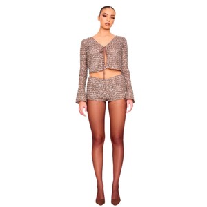 <b>Women</b> <b>Sequin</b> Crop Top <b>Shorts</b> Set Khaki Pink Geometric Pattern Casual Suit Two Piece - Product Image 5