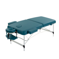 Table de massage portable pliable en 2 sections avec pieds réglables en hauteur, repose-tête et accoudoirs, cadre en aluminium, couleur turquoise